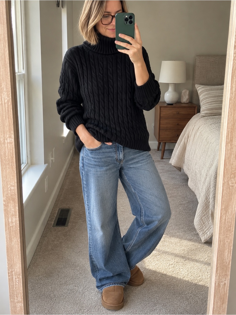 L.L.Bean Black 100% Cotton Cable Knit Turtleneck Sweater XL
